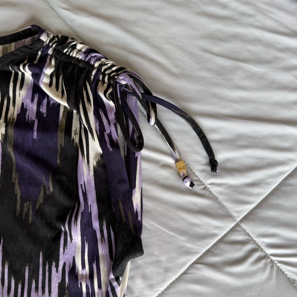 MICHAEL Michael Kors Black Purple Patterned Blouse Tank Cinched Shoulder Tassel - Picture 2 of 10
